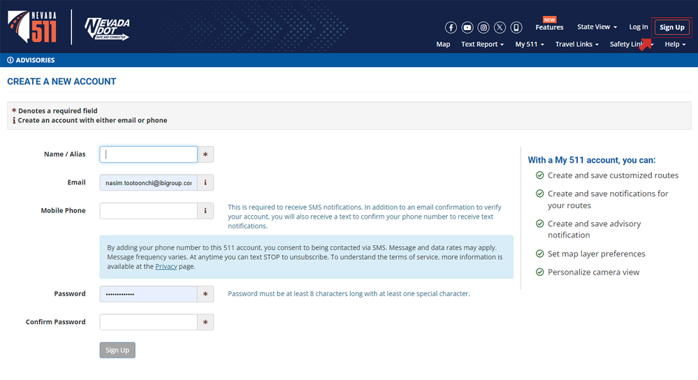 Signing up with Nevada 511