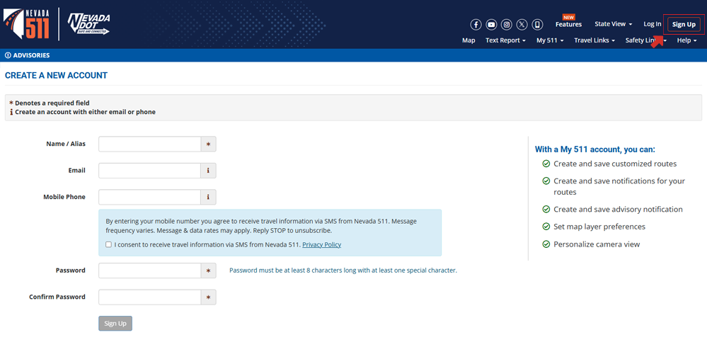 Signing up with Nevada 511